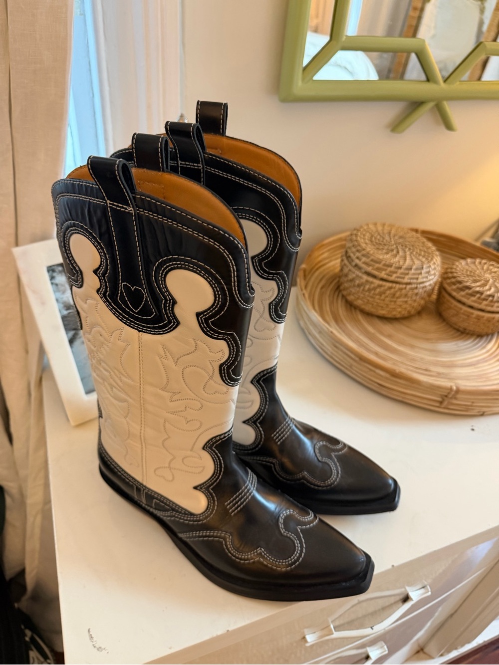 Ganni Black and Cream Western Cowboy Boots
